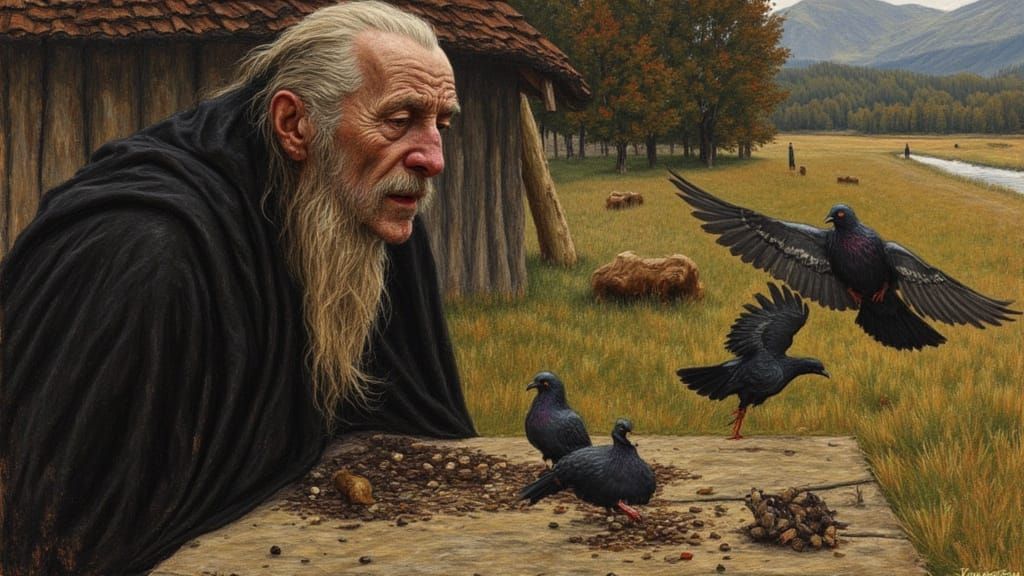 Hades Watching Dragon Pigeons: Ink Wash and Realism