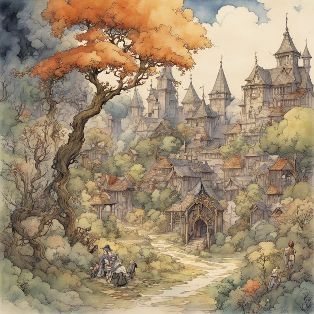 Medieval Boy Arrives in Whimsical Watercolor Town