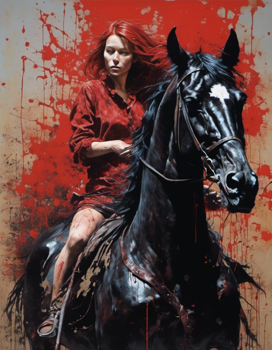 Vibrant Graffiti Woman Rides Black Horse