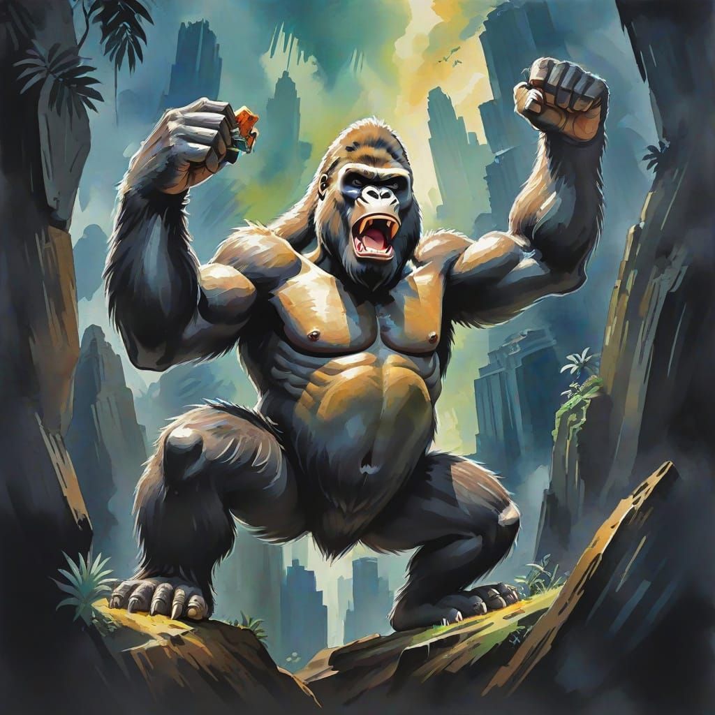 King Kong in Gouache Style Watercolor Painting
