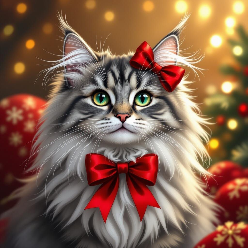 Whimsical Grey Cat with Christmas Bows