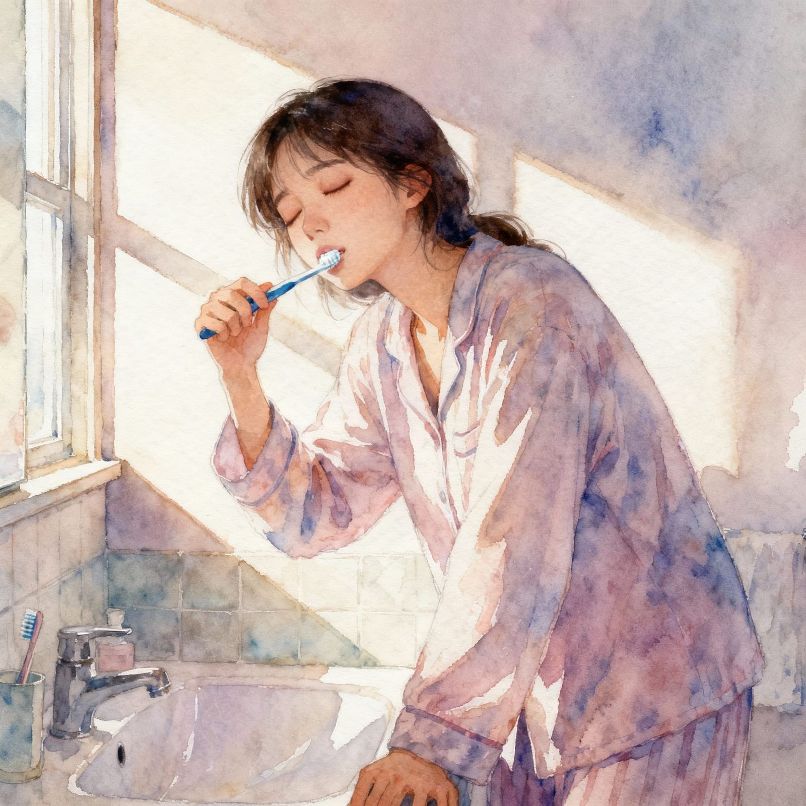 Sleepy Woman Brushing Teeth in Soft Morning Light, Watercolo...