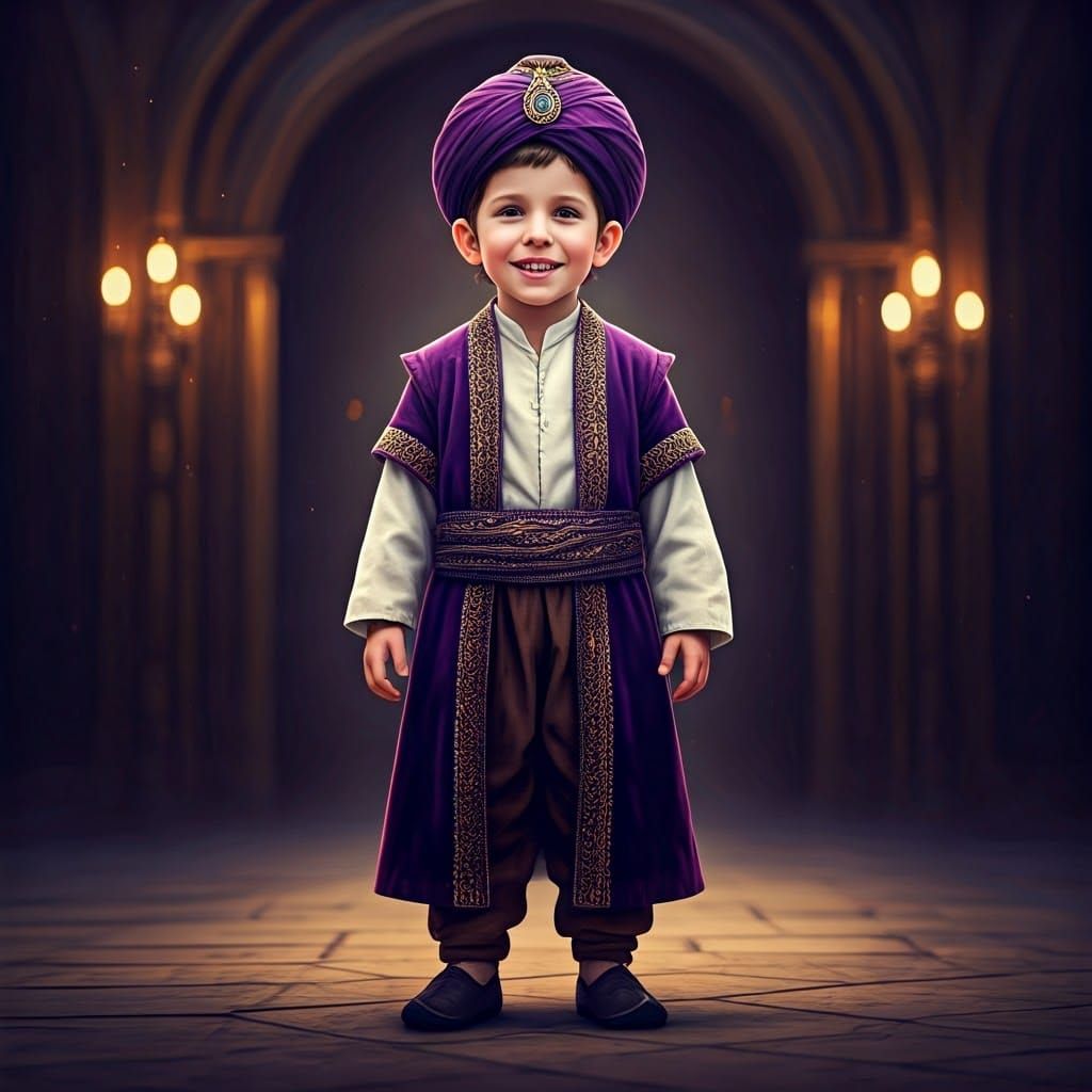 Young Hasidic Boy in Ancient Attire with Vibrant Twist