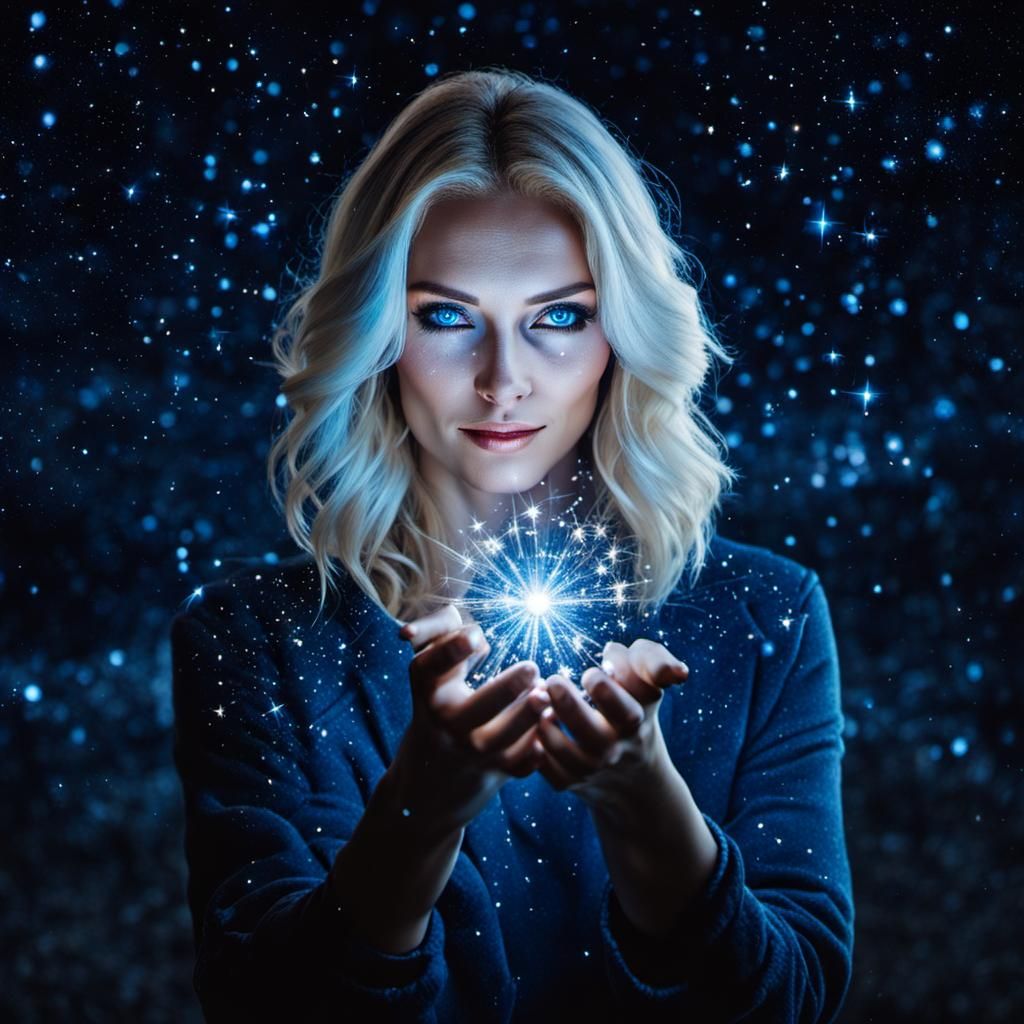 Blonde Woman Capturing Starlight in Her Hands