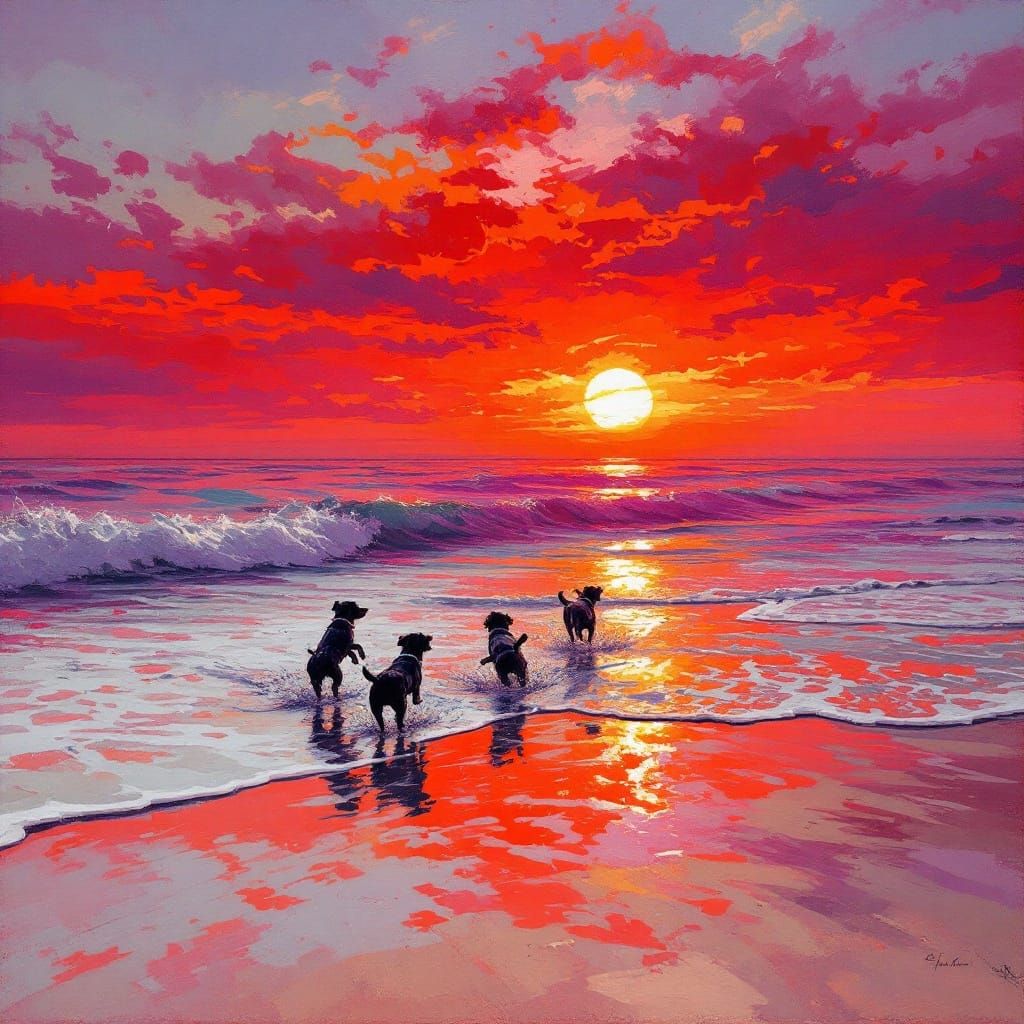 Sunset Beach with Playing Dogs in Impressionistic Style
