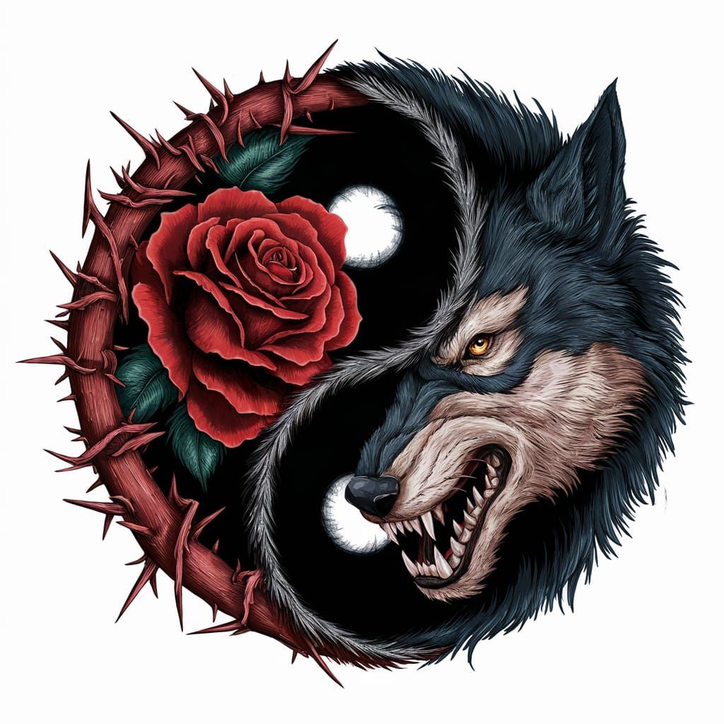 Yin Yang: Rose and Wolf Symbolic Harmony
