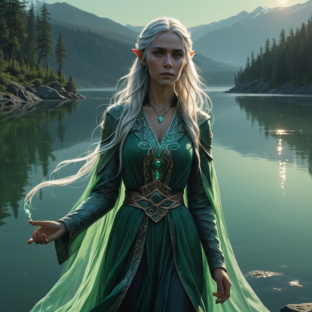 A graceful elf princess with long silver hair and emerald ro...