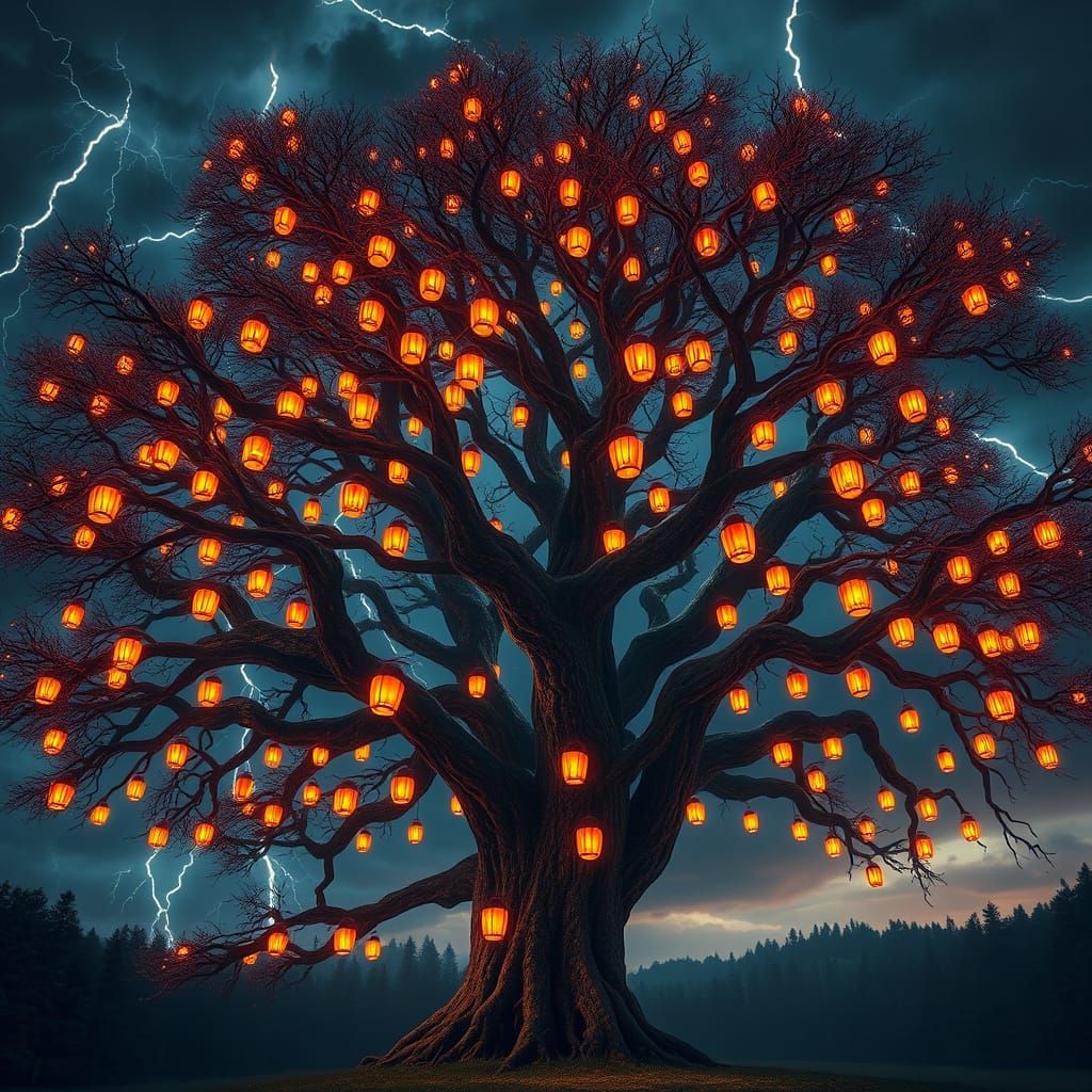 Guiding Tree: Majestic Red Oak Illuminated by Vibrant Lanter...