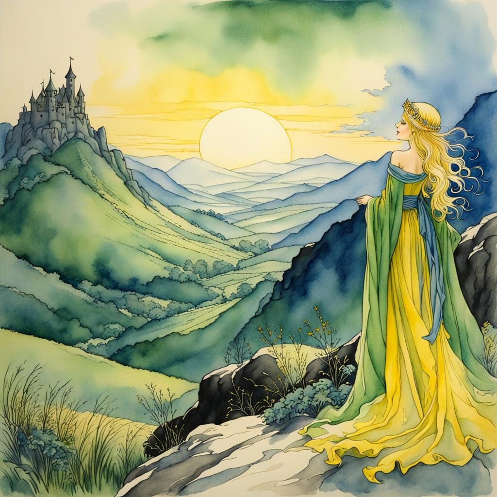 Medieval Maiden at Dawn: Arthur Rackham Watercolor