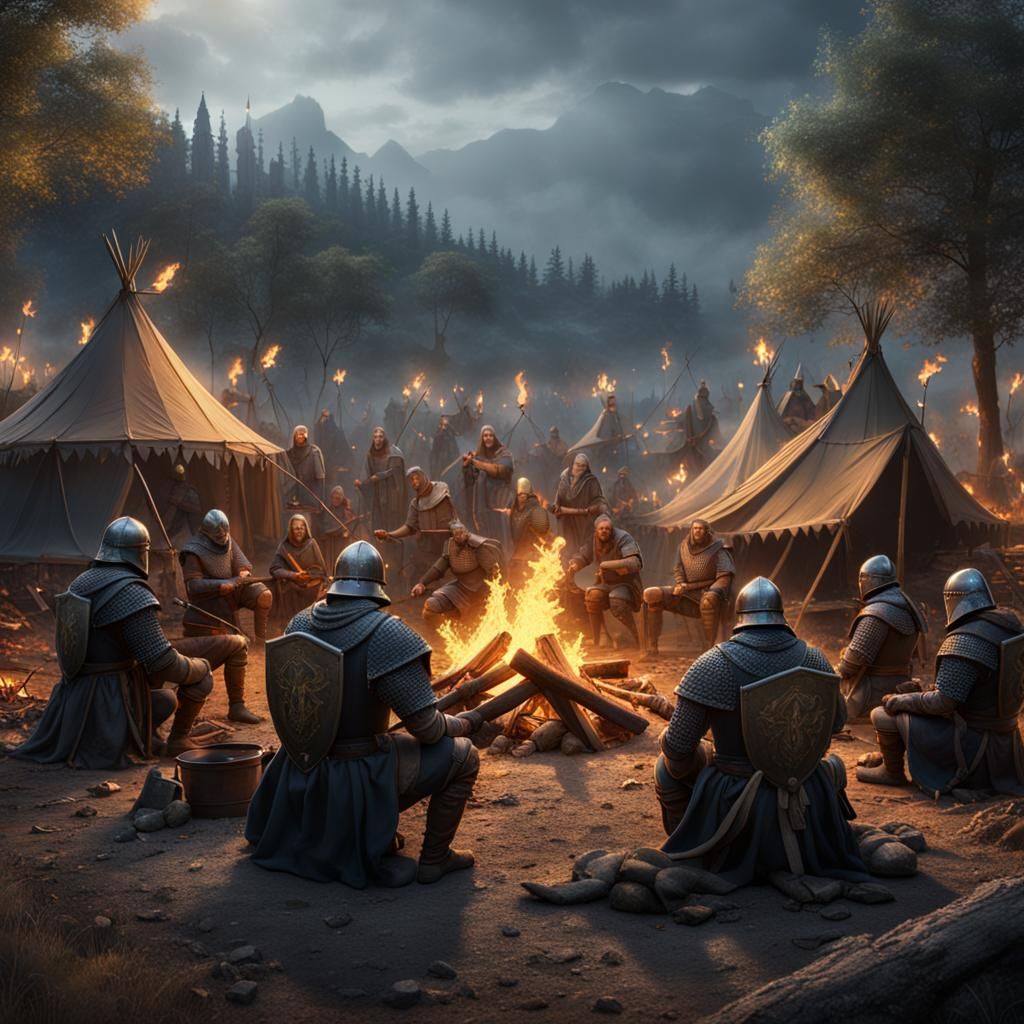 Medieval Army Campfire Scene in Hyperrealism