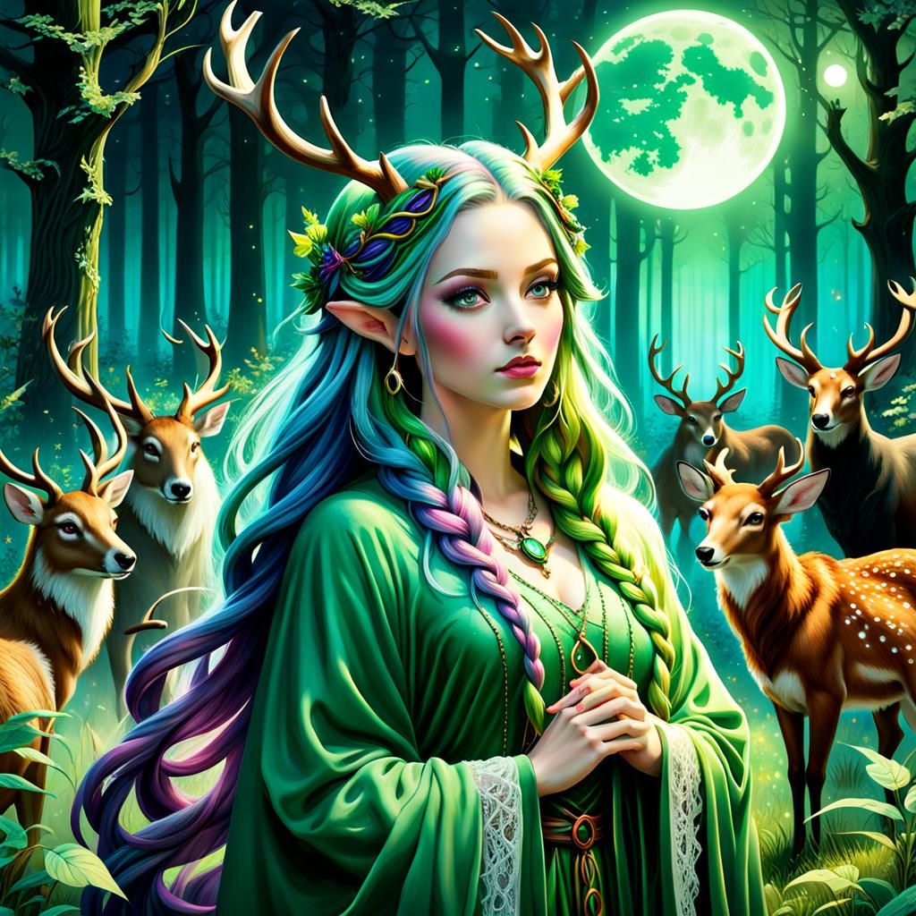 Dreamy Fey-Girl Druid in Enchanted Forest