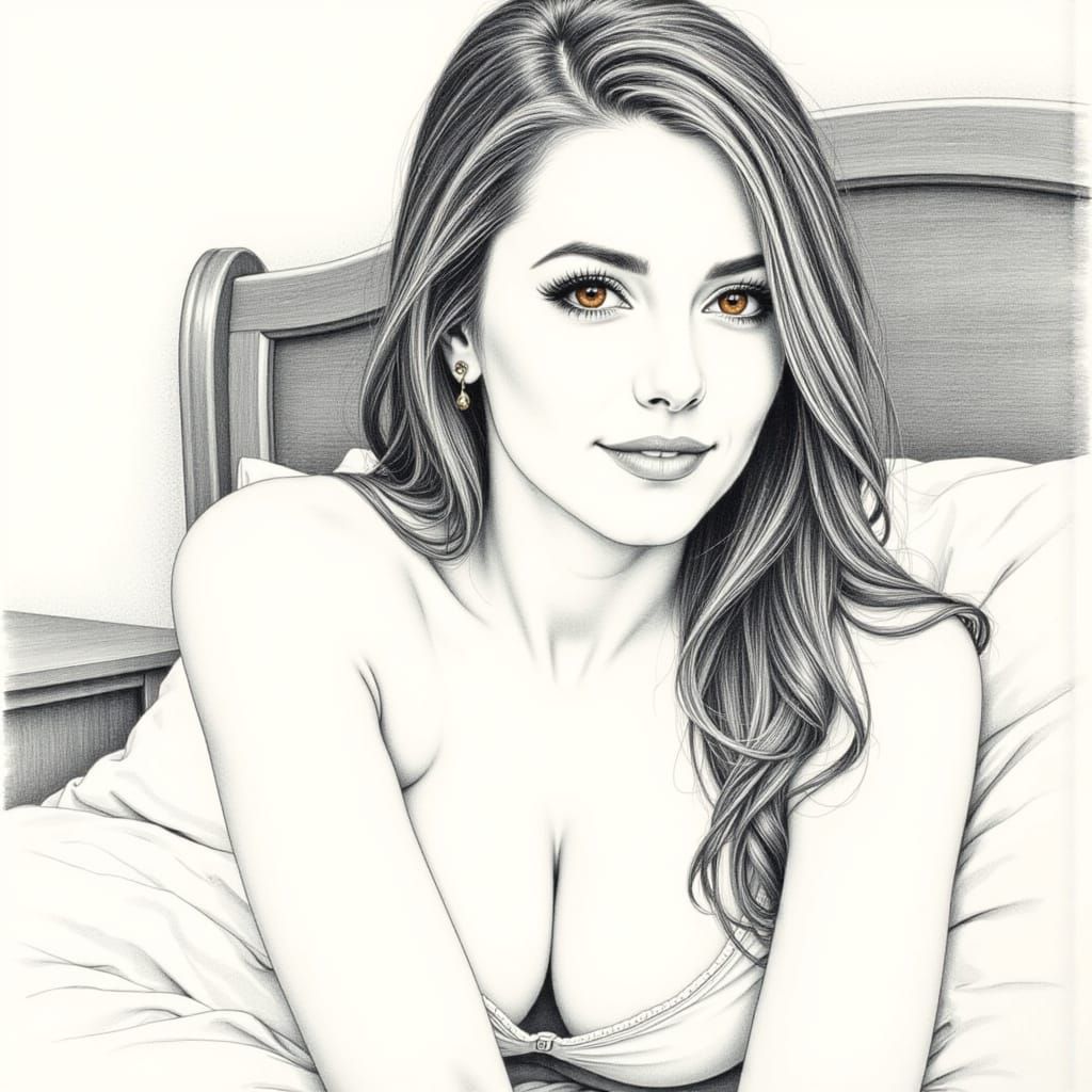 Beautiful Woman with Brown Eyes and Long Hair in Pencil Illu...