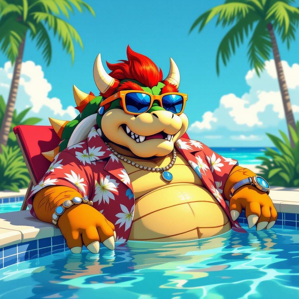 Bowser Lounging Poolside in Bold Digital Art Style