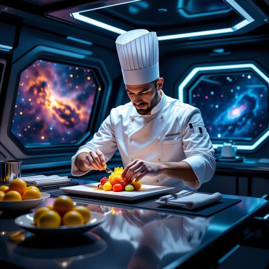 Chef Prepares Exotic Zero-Gravity Meal in Starship Kitchen