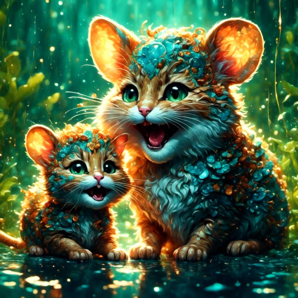 Playful Cat and Mouse Laughing Together