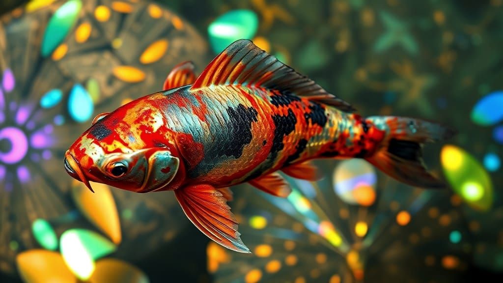 Iridescent Koi Fish in Biopunk Underwater Scene