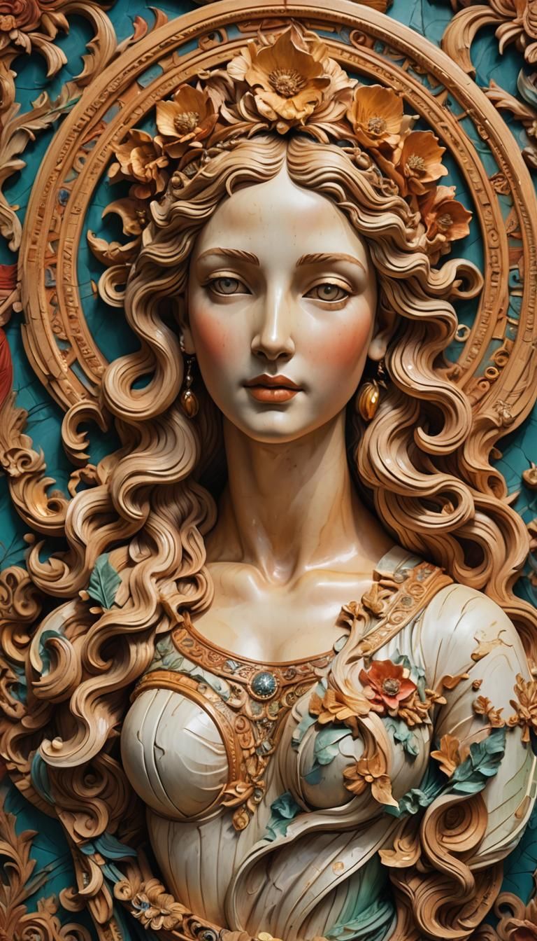 Polychrome Wood Carving of Venus in Hyperrealistic Style