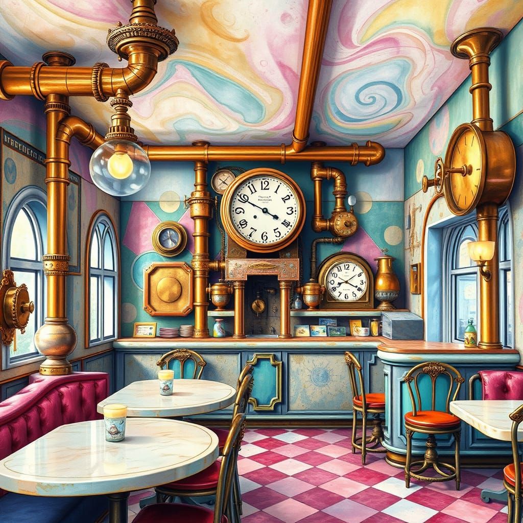 Steampunk Ice Cream Parlor in Vibrant Candyland Wonderland