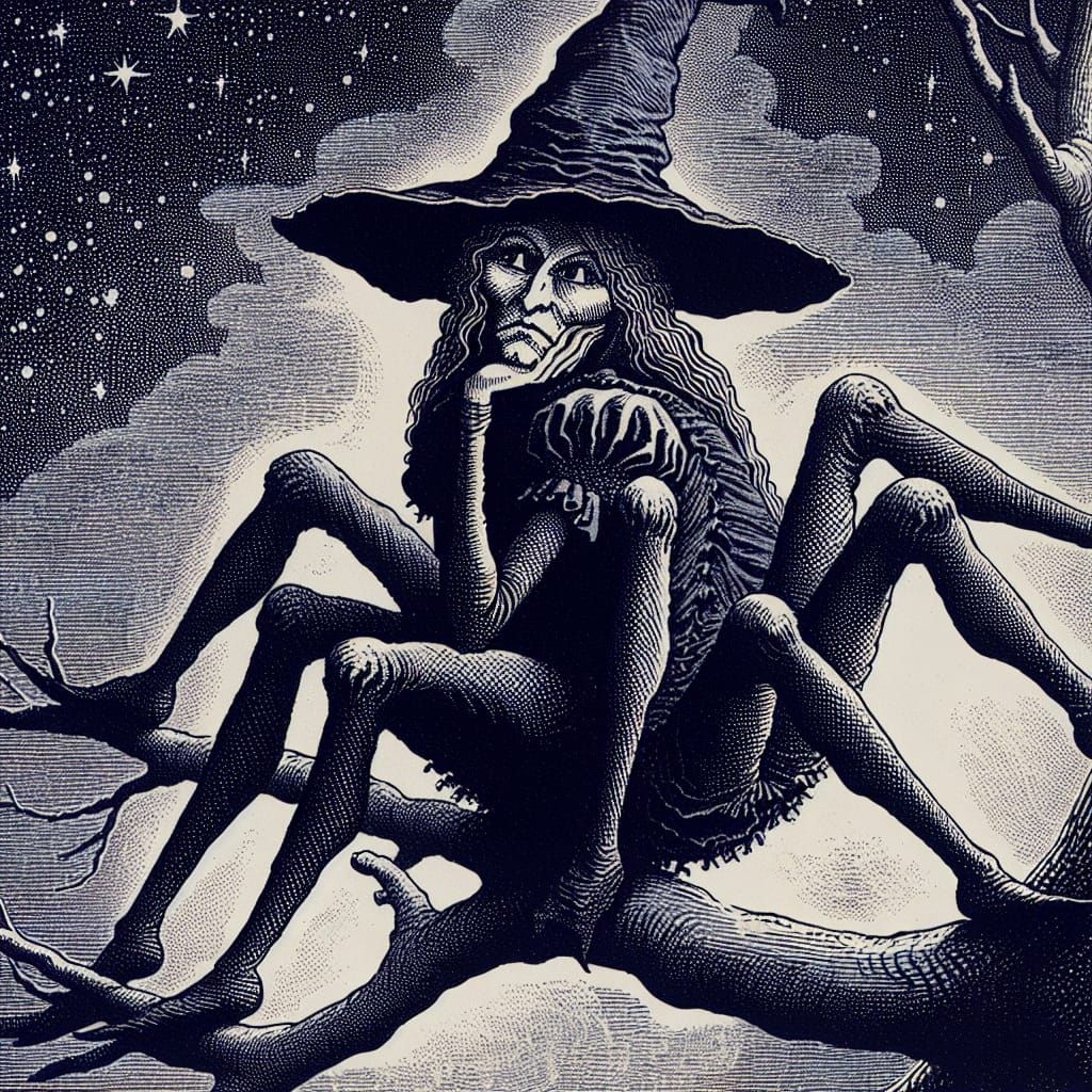 Lithograph of a Bored Multi-legged Witch
