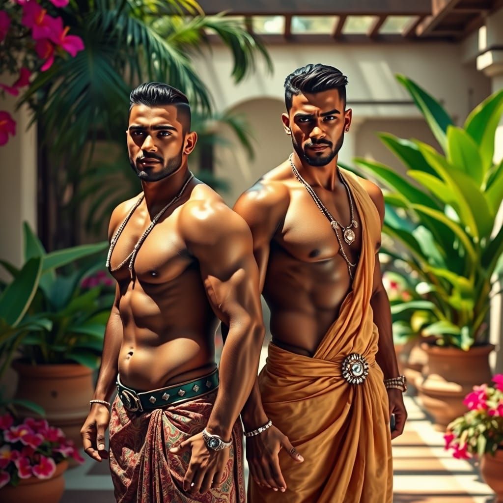 Indian Men in Silk, Photorealistic Tropical Oasis