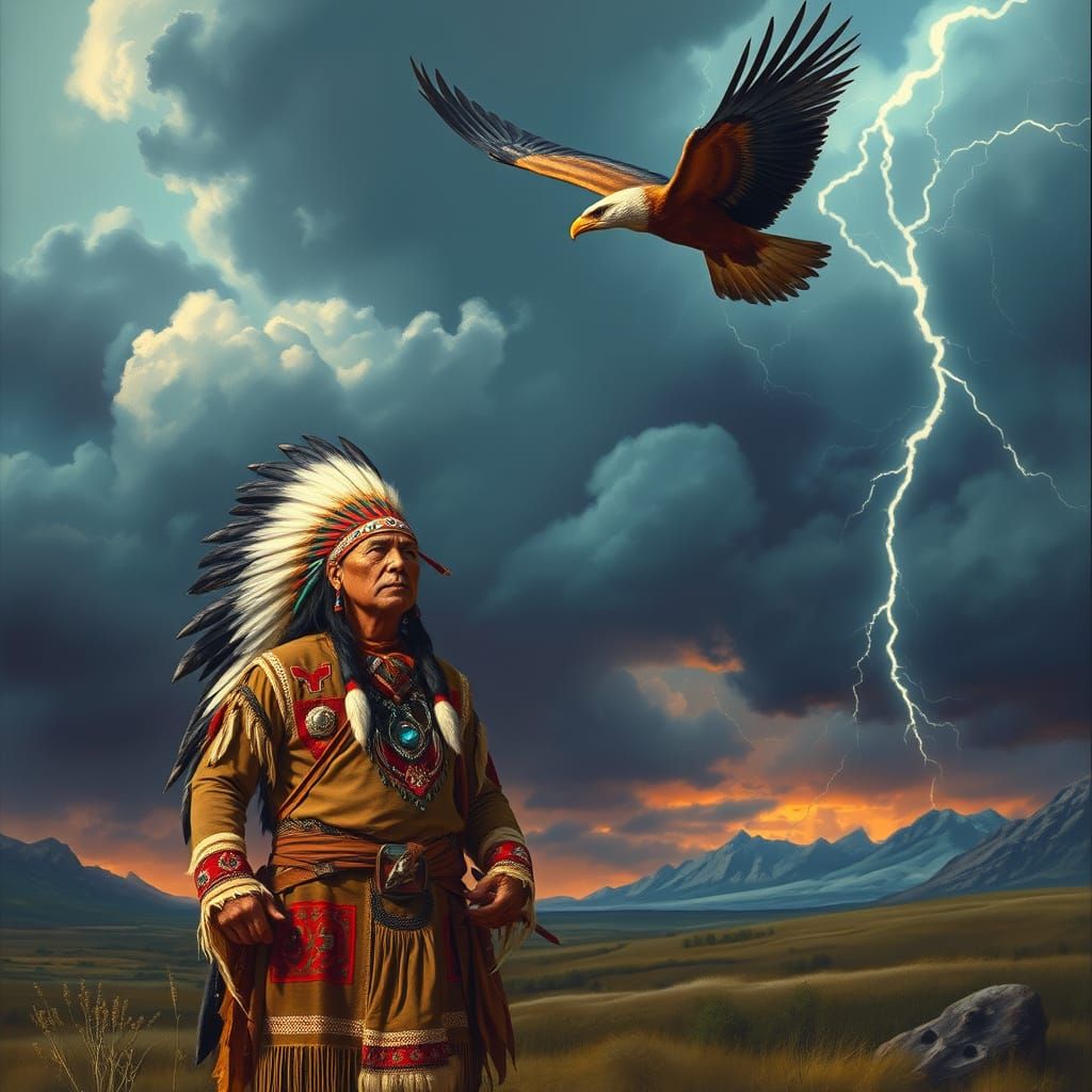 Proud Native Warrior with Thunderbird in Dramatic Stormy Sky