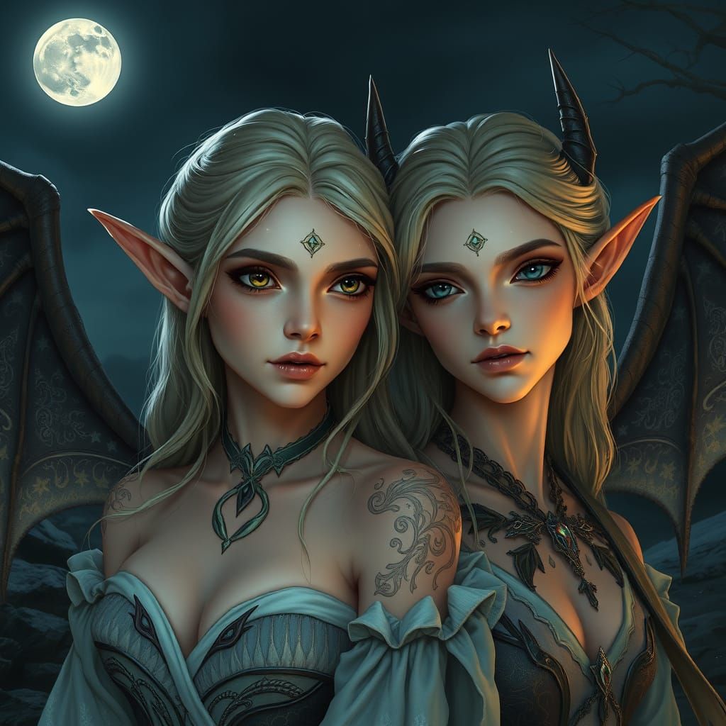 Ethereal Elven Couple in Moonlit Fantasy Landscape