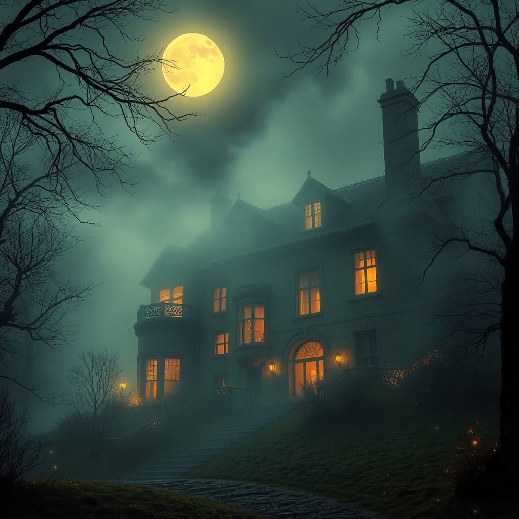 Whispers of Wuthering Heights Manor Under Moonlit Fog