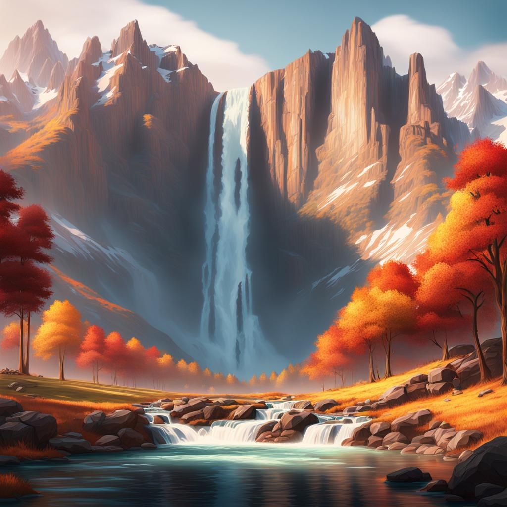 Majestic Waterfall Mountain Concept Art in 8K