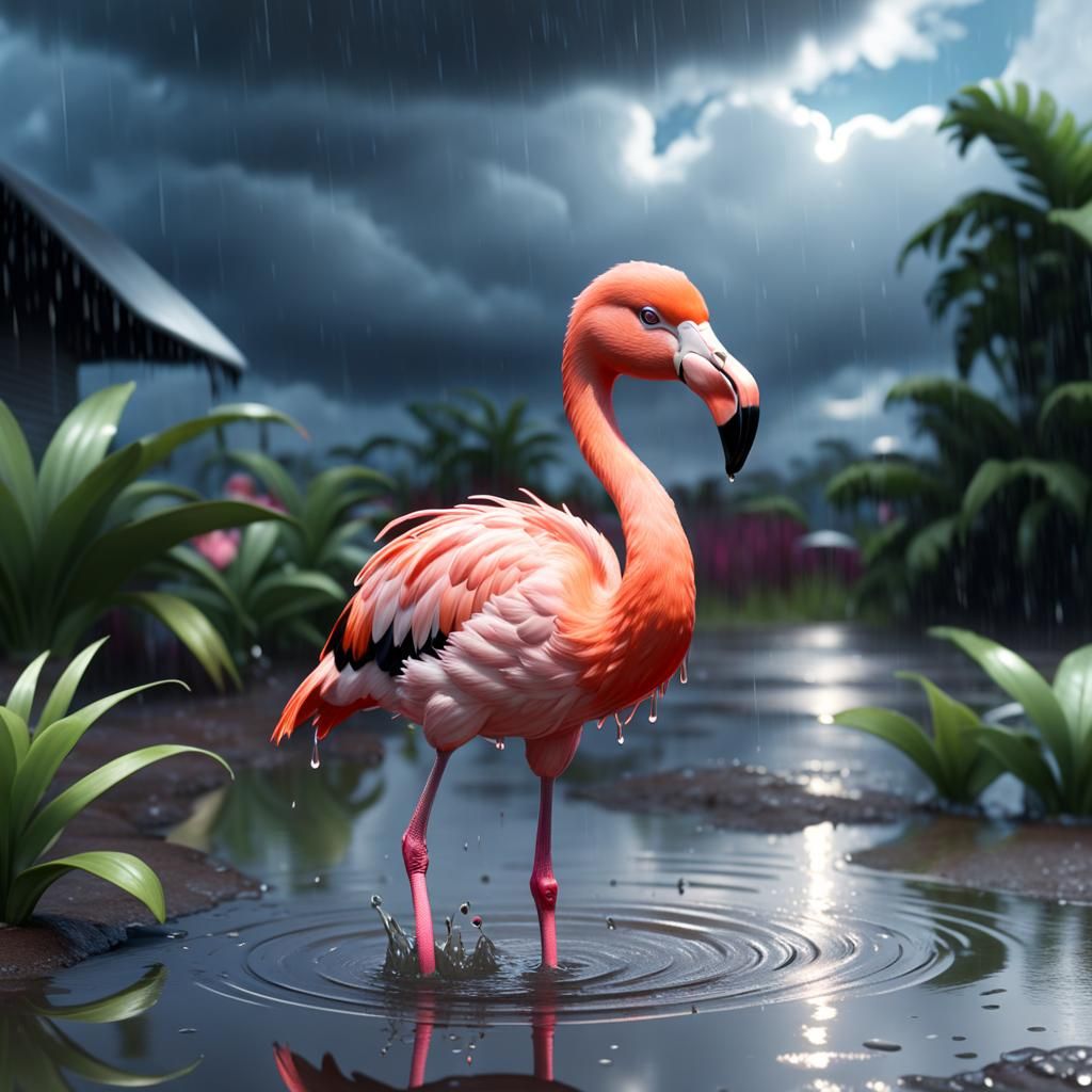 Happy Baby Flamingo in Rainy Puddle, 3D Render