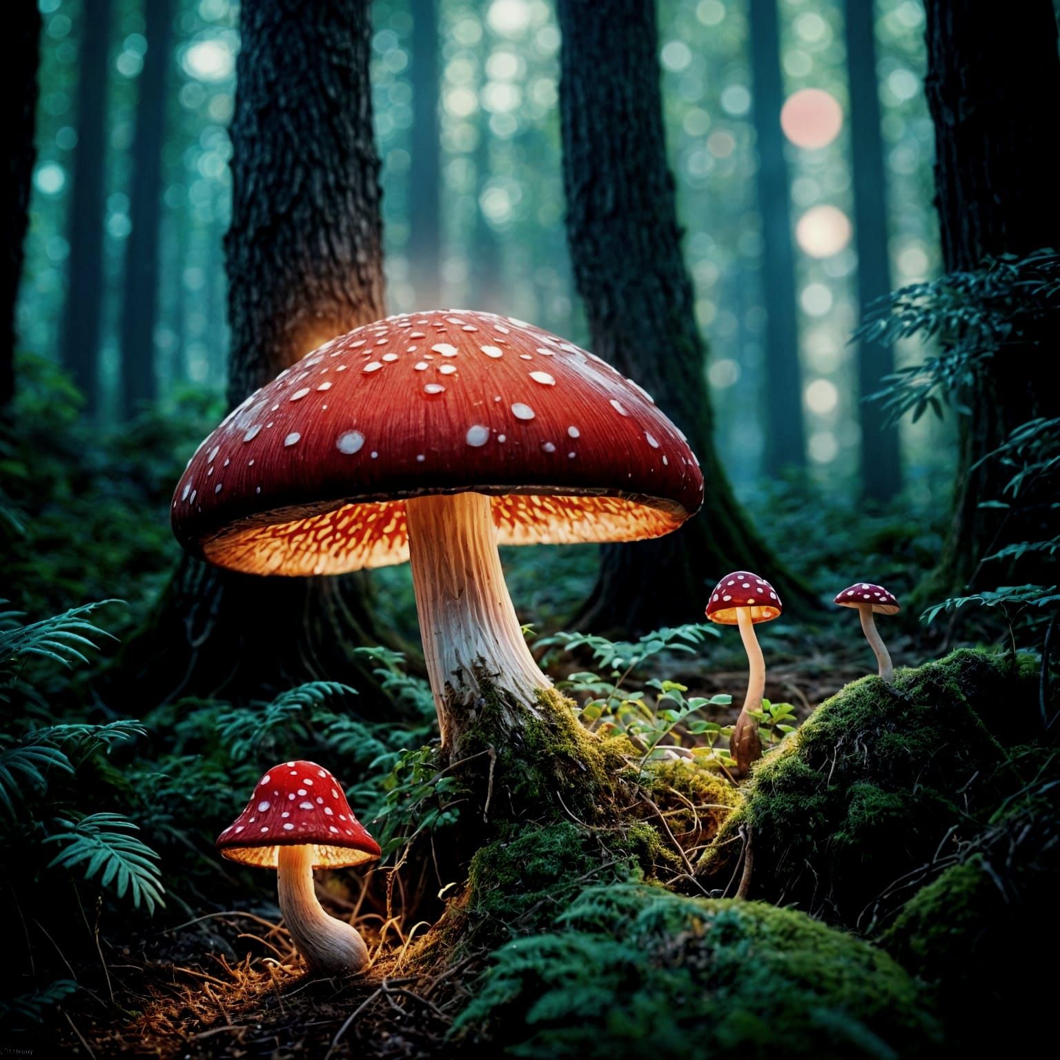 Magical Glowing Red Mushroom in Forest