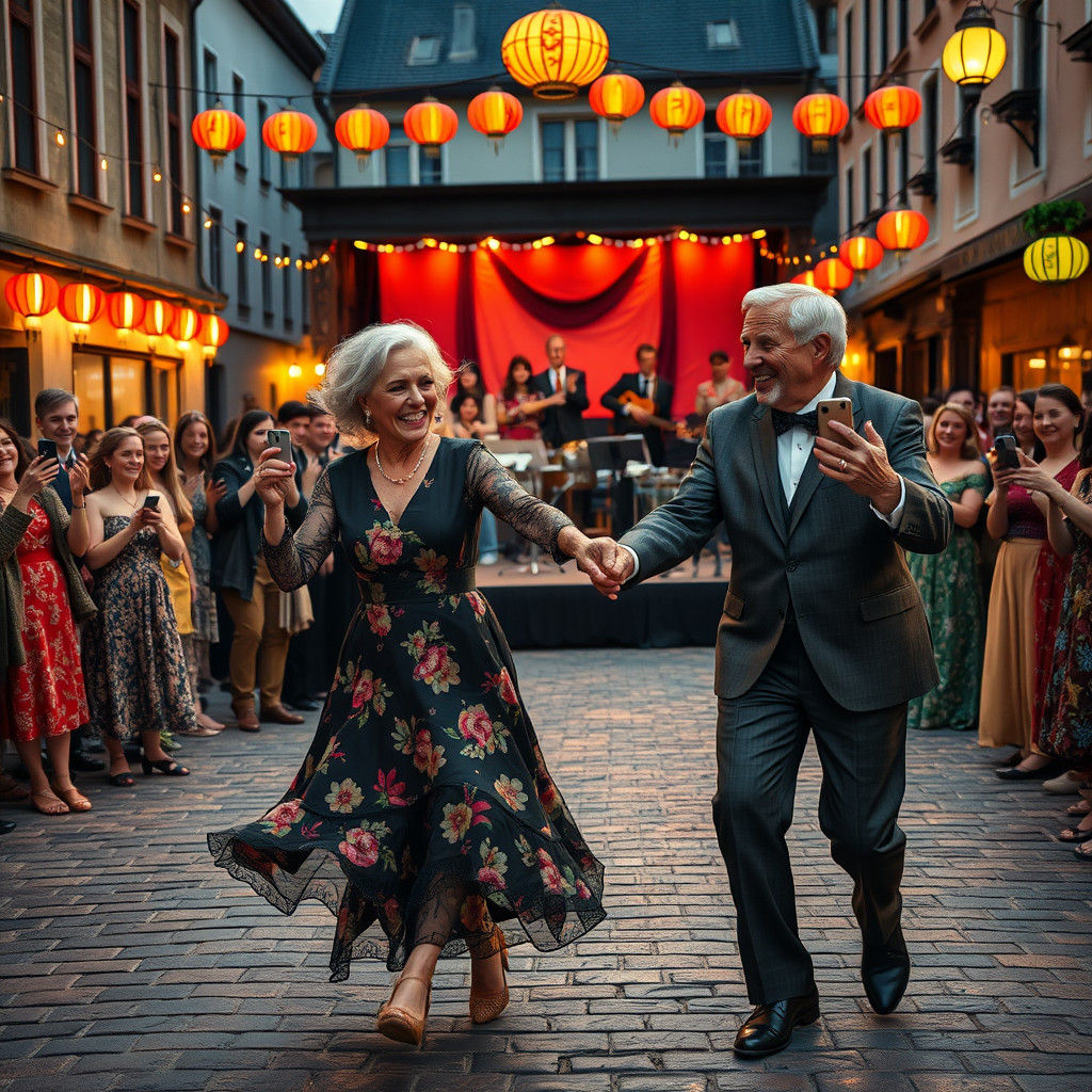 Joyful Elderly Couple Dancing in Town Square