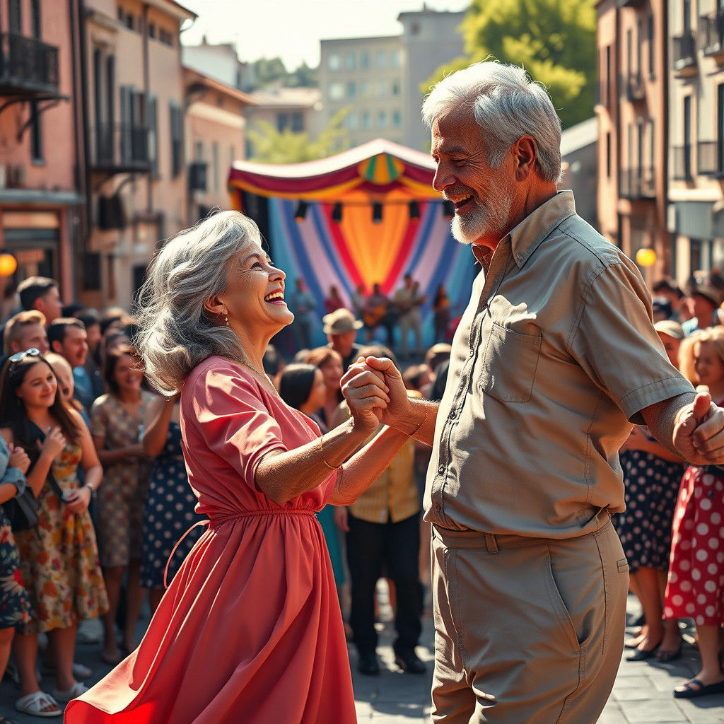 Joyful Elderly Couple Dancing in Hyperrealistic Town Square