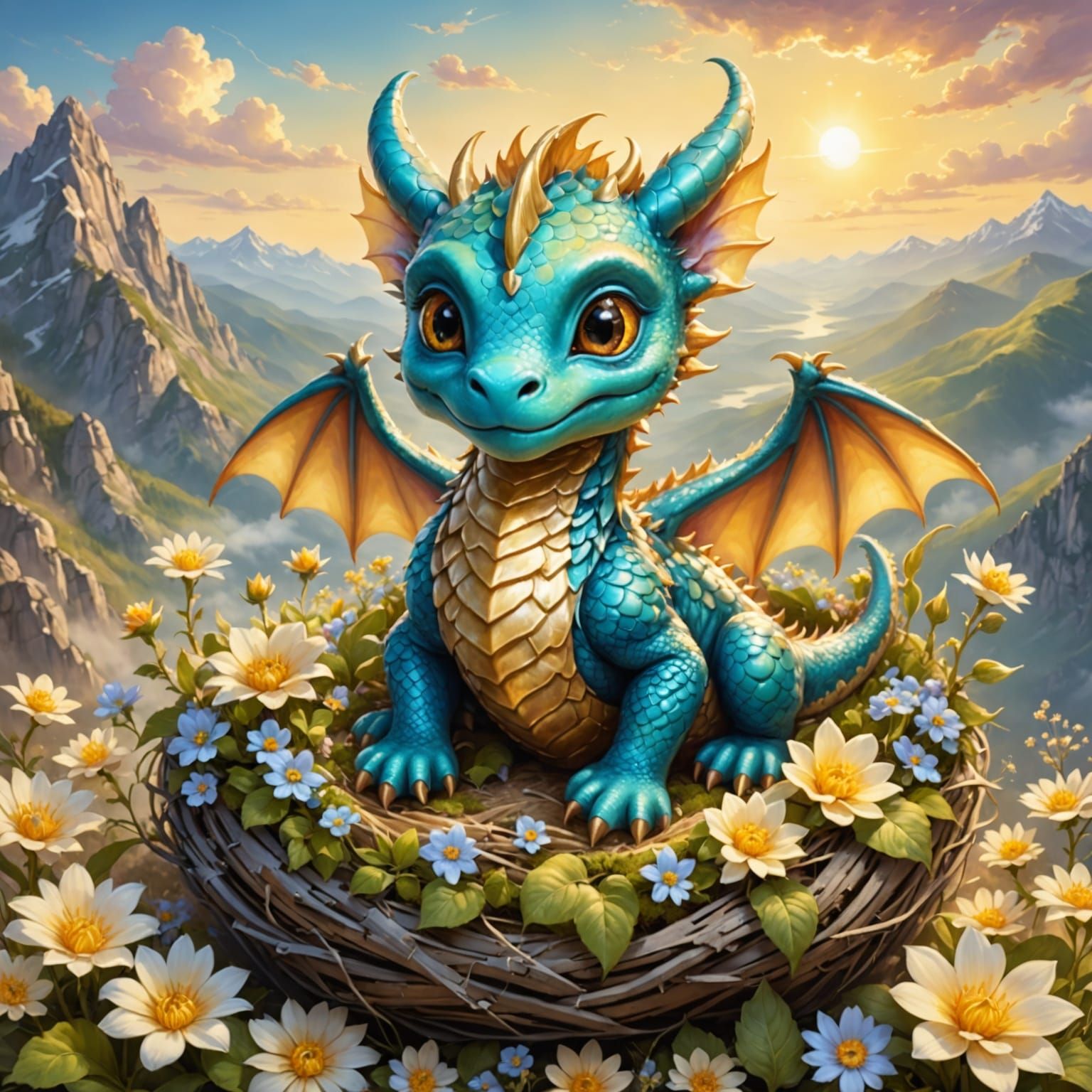 Adorable Chibi Dragon in Mountain Nest, Airbrush Art