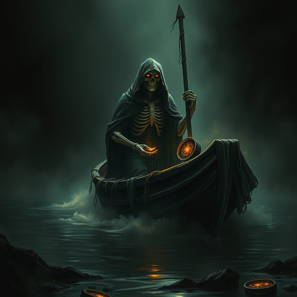 Skeletal Ferryman Charon Navigates Dark Waters of the Underw...
