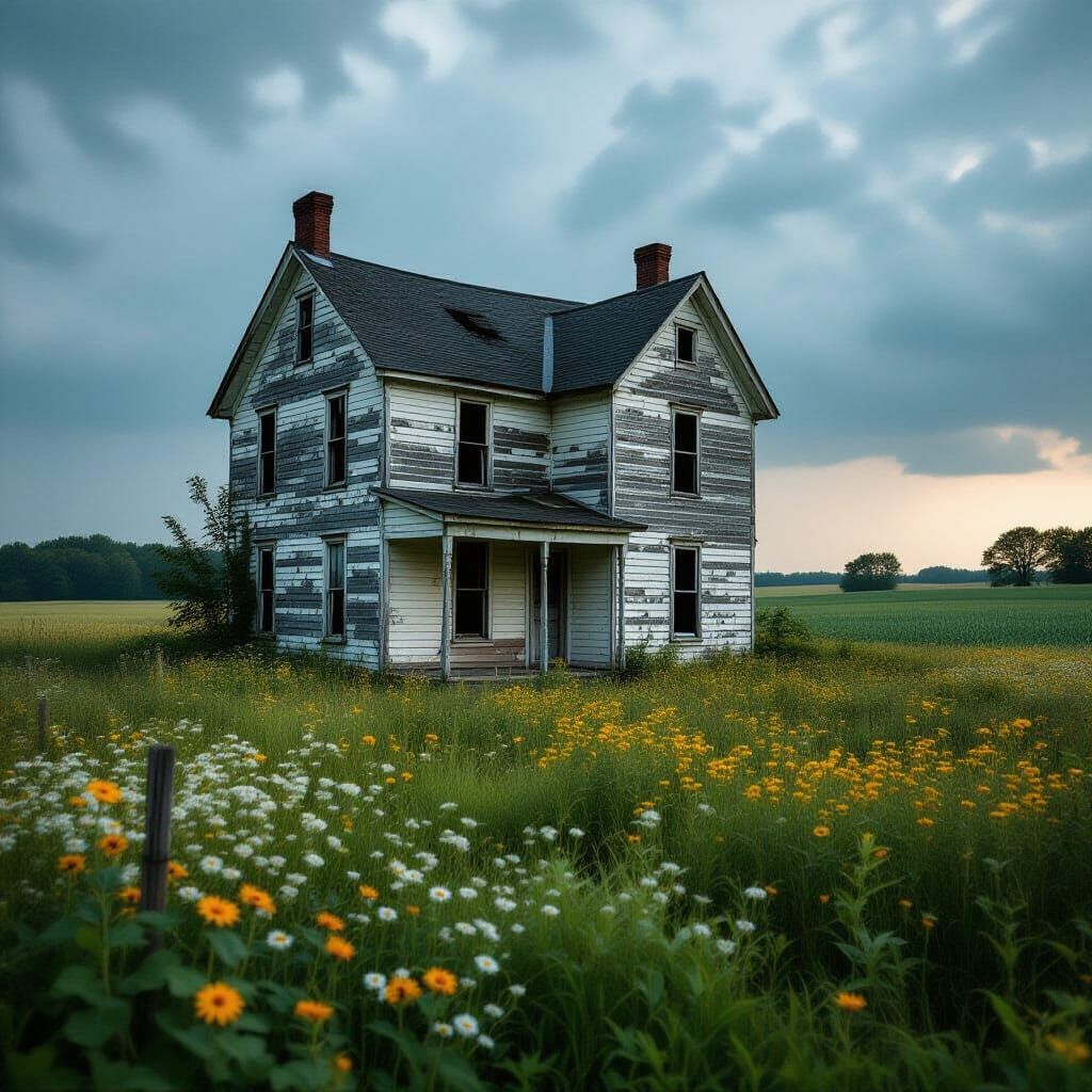 Abandoned Farmhouse Silhouette in Vintage Film Style