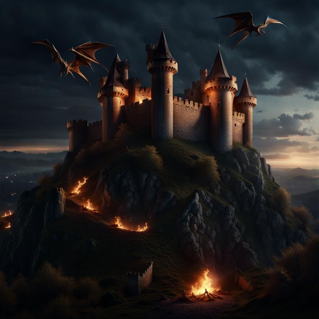 Medieval Castle with Dragons at Night