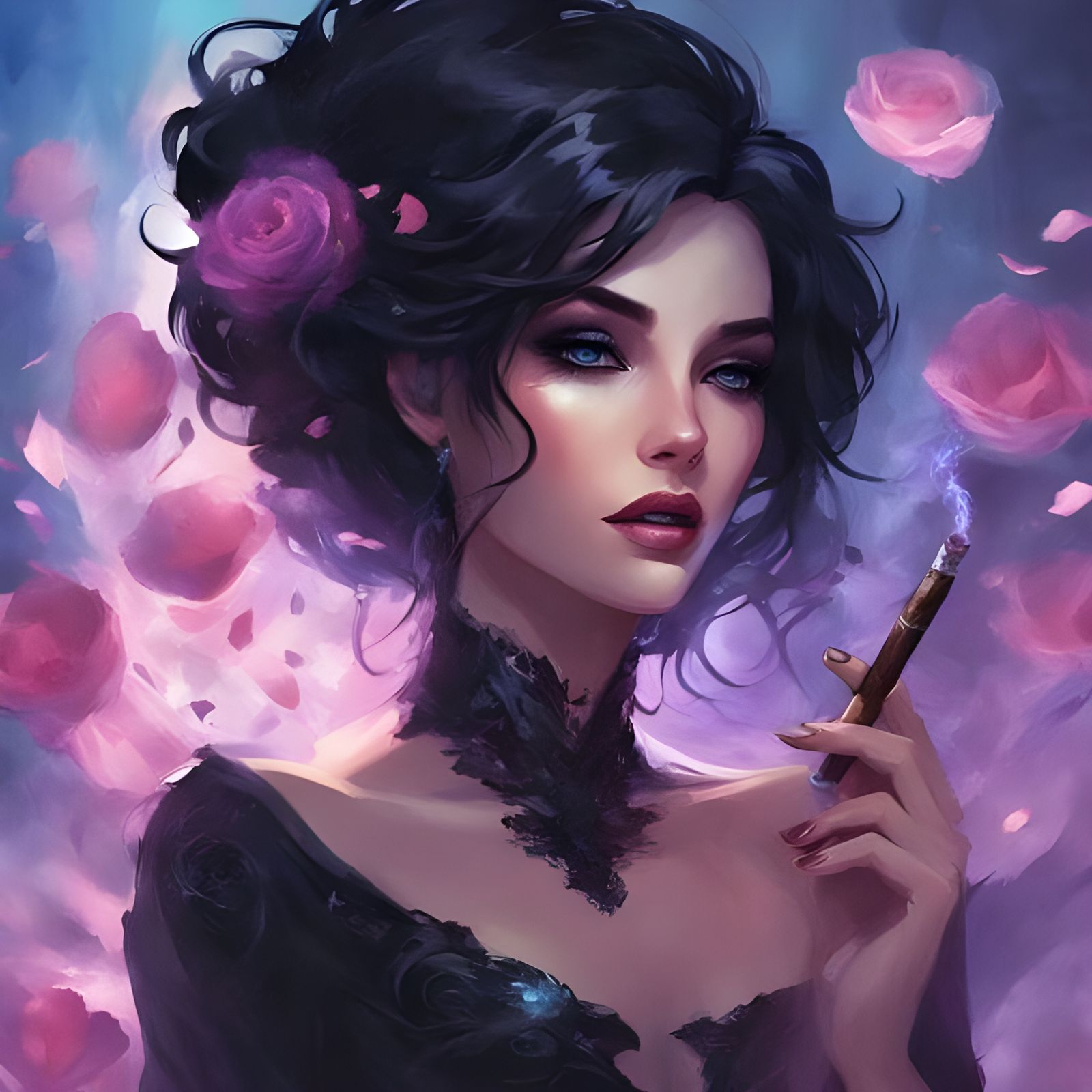 Beautiful Woman Smoking Cigar with Rose Petals