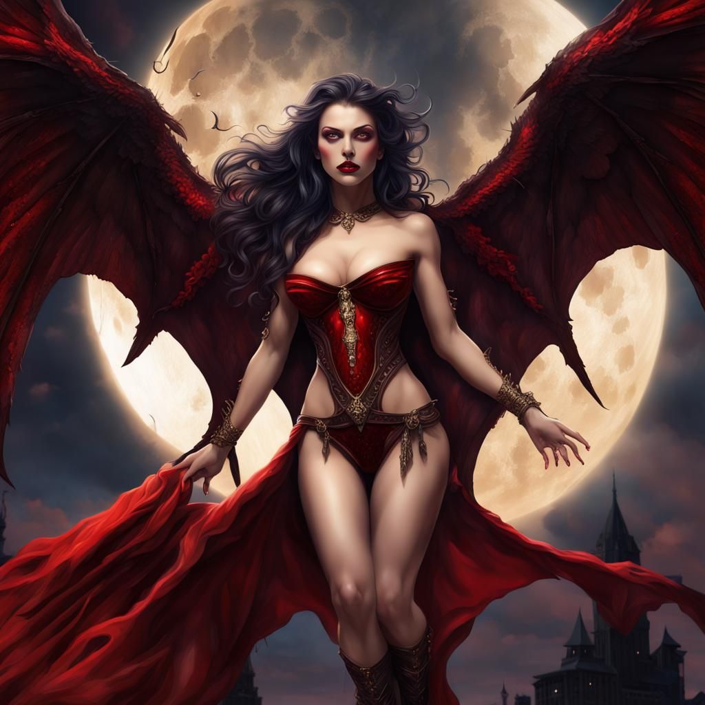Vampiress flying, queen. Goddess, wings, night, moon, moonlight, beauty, partially clothed, temptations, irresistsable, ...
