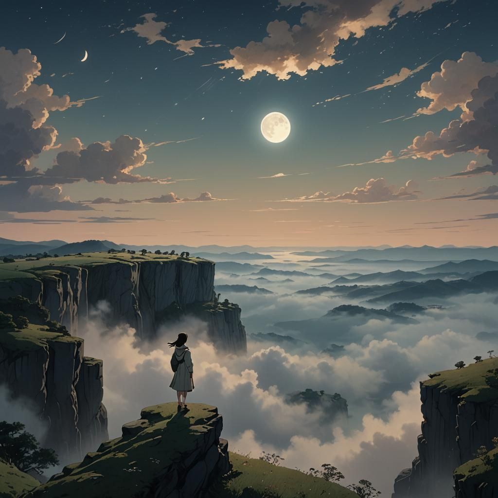 Woman at Earth's Edge in Moonlight, Anime Style