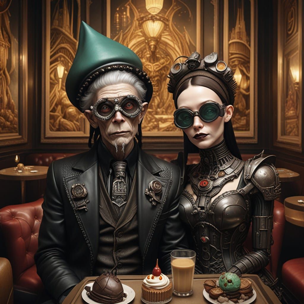 Giger Inspired DMT Machine Gnome Couple in Whimsical Cafe Sc...