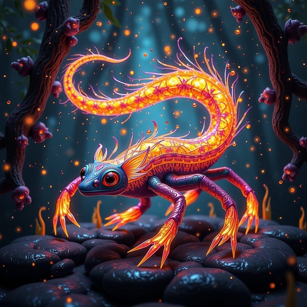 Iridescent Crystal Salamander Spirit in a Kaleidoscopic Fant...