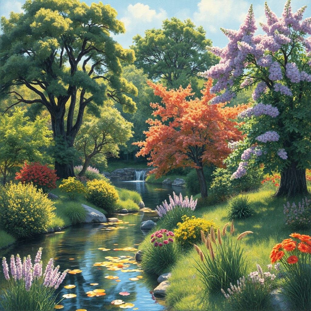 Dreamy Landscape with Lush Trees in Impressionist Style