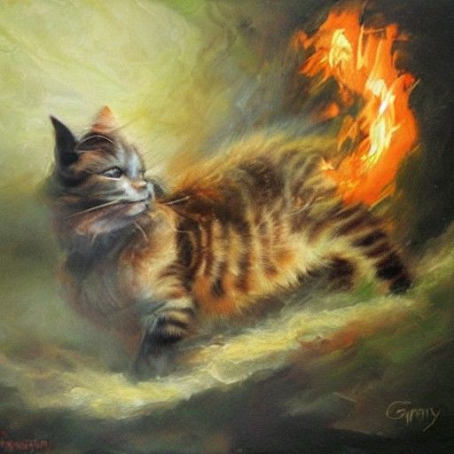 Fire-Breathing Cat in Oil Painting Style