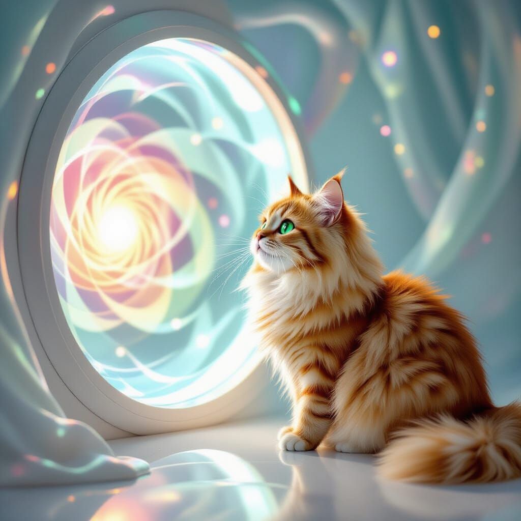 Ginger Cat Gazing into a Shimmering Portal