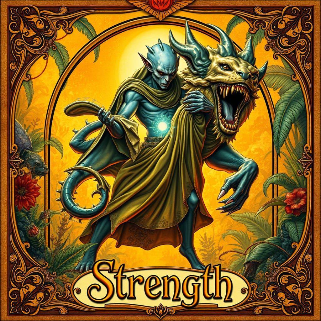 Ethereal Hero Tames Cosmic Beast in Vibrant Alien Jungle