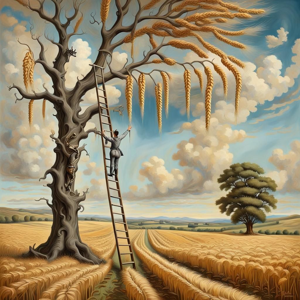 Surreal Giraffe Reaching for Leaves in Welsh Field