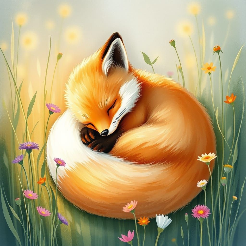 Serene Baby Fox in a Whimsical Watercolor Meadow
