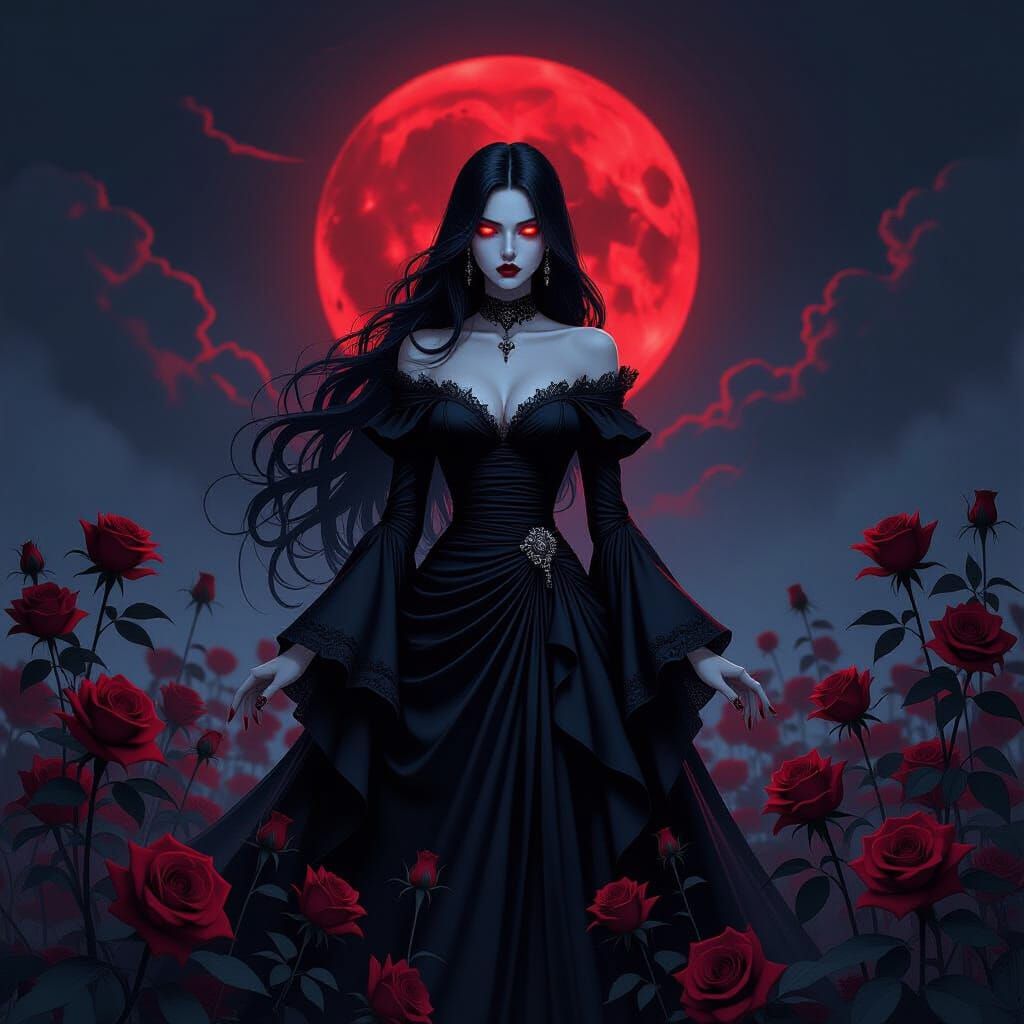 Gothic Sorceress Under Blood Moon in Manga Style