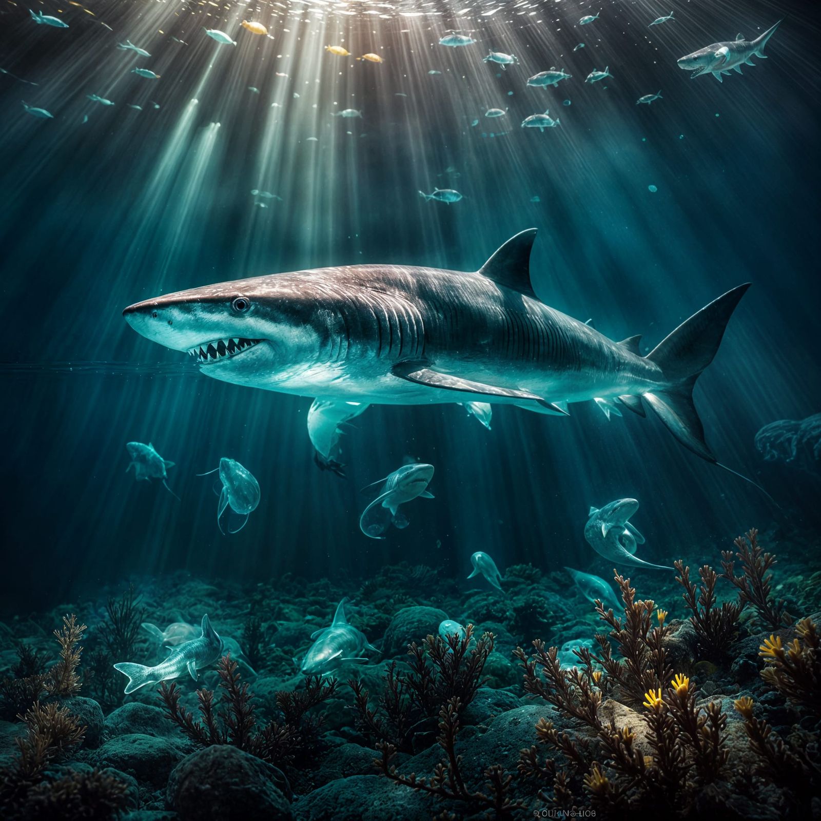 Glowing Glass Shark in Ocean with Jellyfish
