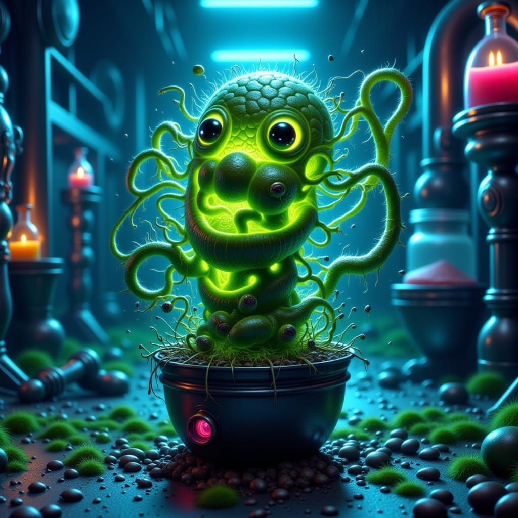 Bioluminescent Martian Potato Plant in High-Tech Lab